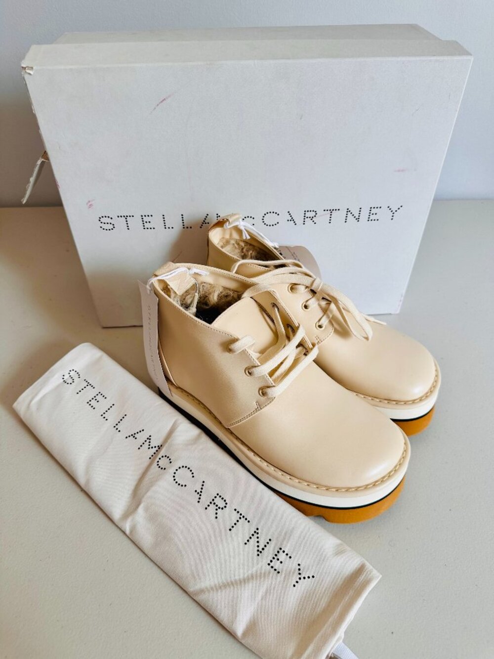 STELLA MCCARTNEY SMOOTH VEGAN FAUX FUR LINING CREAM PLATFORM ANKLE BOOTS SIZE 37